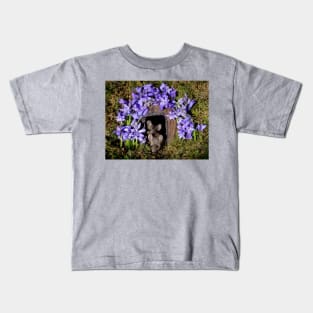 George the mouse in a log pile house - Spring flowers blue bells Kids T-Shirt